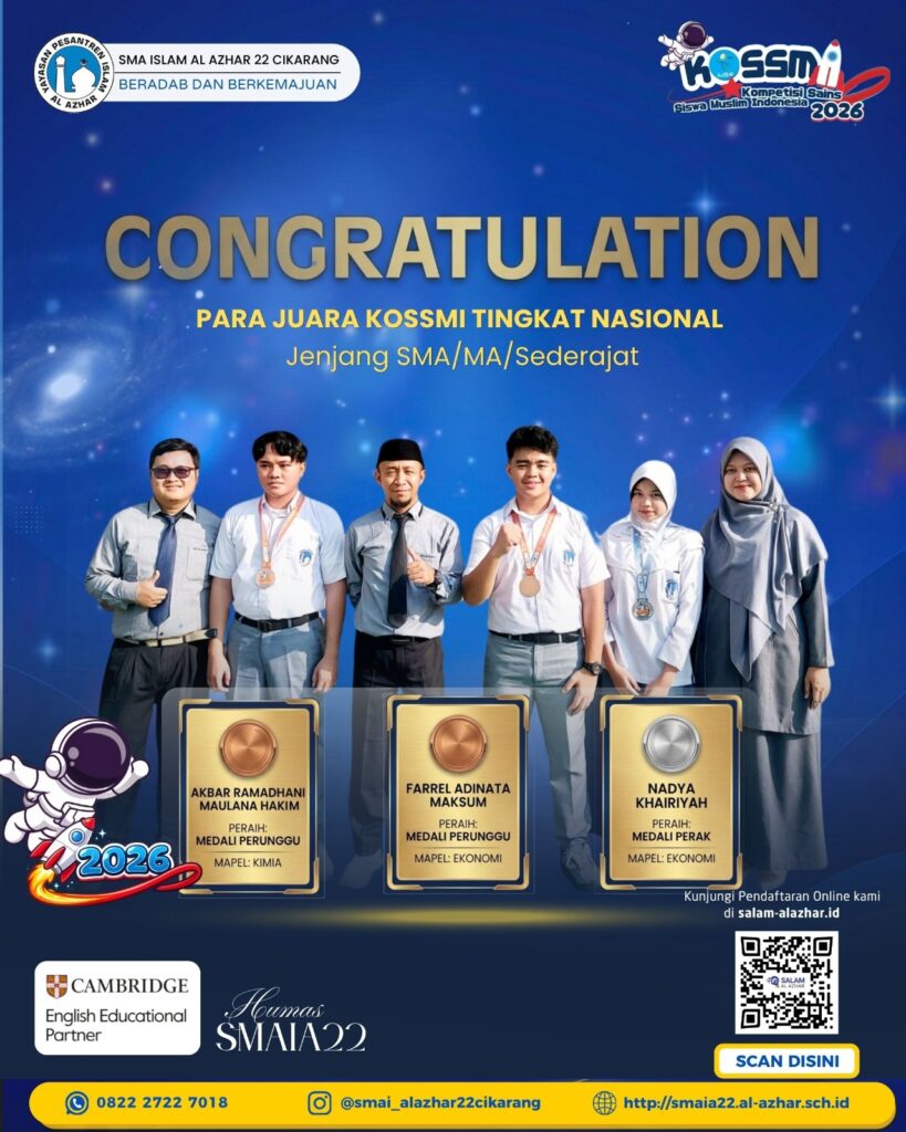 Tiga murid SMA Islam Al Azhar 22 Cikarang bersama guru pembimbing yang berhasil meraih medali perak dan perunggu pada ajang KOSSMI Nasional 2026.