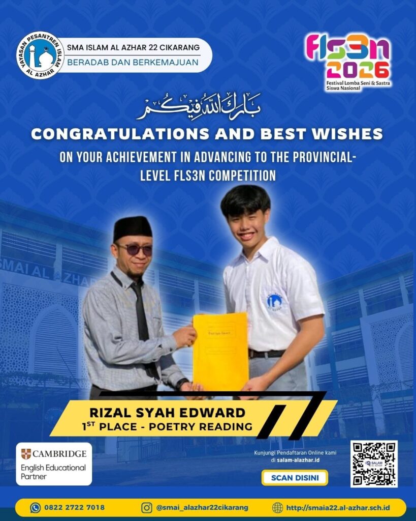 Rizal Syah Edward dari SMA Islam Al Azhar 22 Cikarang meraih Juara 1 Poetry Reading FLS3N 2026.