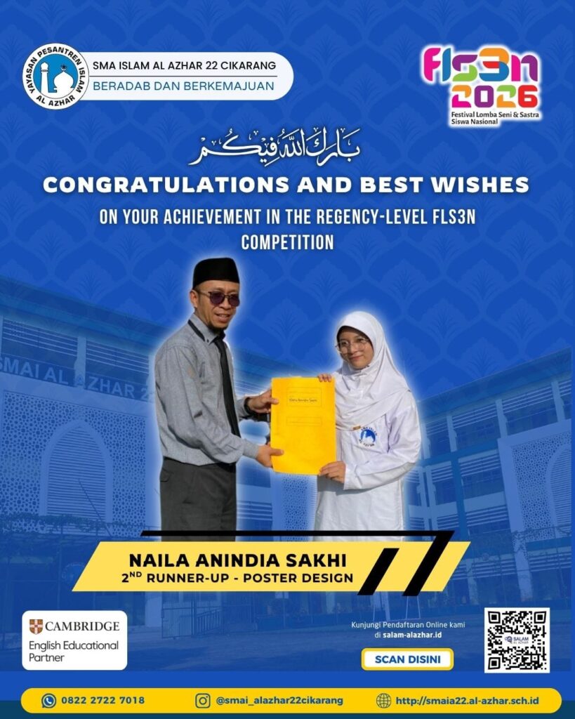 Naila Anindia Sakhi dari SMA Islam Al Azhar 22 Cikarang meraih 2nd Runner-Up Poster Design FLS3N 2026.