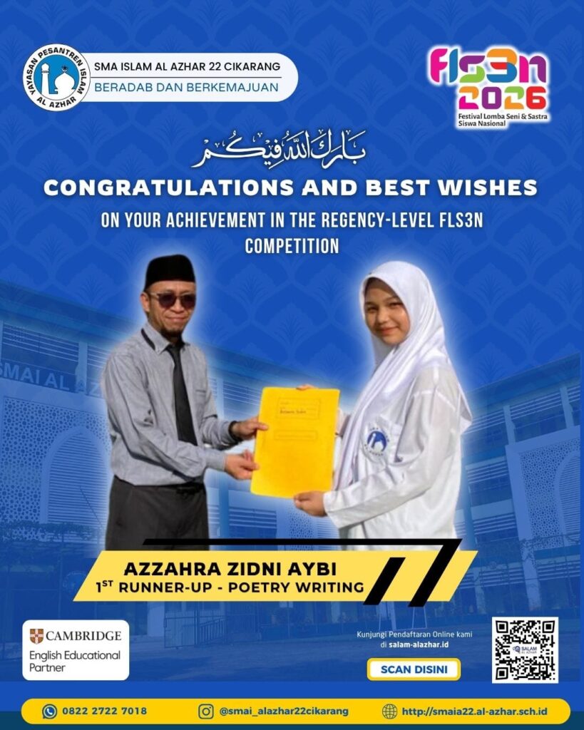 Azzahra Zidni Aybi dari SMA Islam Al Azhar 22 Cikarang meraih 1st Runner-Up Poetry Writing FLS3N 2026.