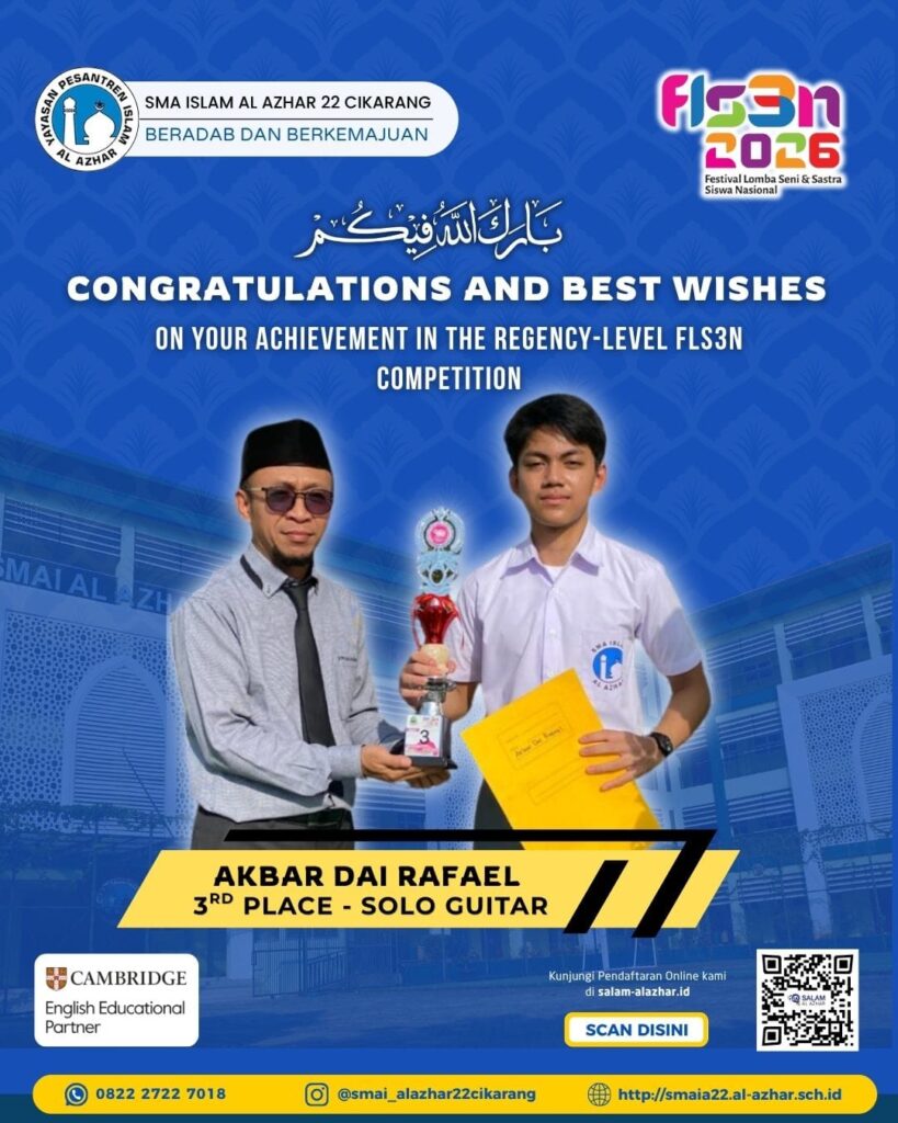 Akbar Dai Rafael dari SMA Islam Al Azhar 22 Cikarang meraih 3rd Place Solo Guitar FLS3N 2026 tingkat Kabupaten.