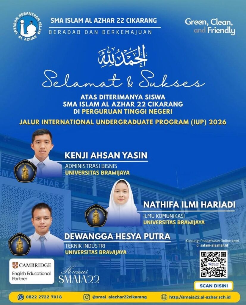 Tiga murid SMA Islam Al Azhar 22 Cikarang yang diterima di jalur International Undergraduate Program (IUP) Universitas Brawijaya 2026.