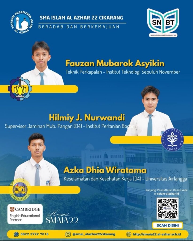 Tiga murid SMA Islam Al Azhar 22 Cikarang yang diterima di ITS, IPB, dan Universitas Airlangga jalur SNBT 2026.