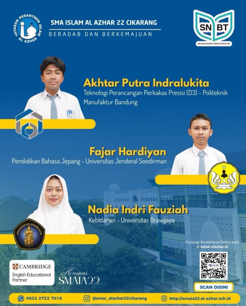 Akhtar, Fajar, dan Nadia, murid SMA Islam Al Azhar 22 Cikarang yang lolos SNBT UTBK 2026 di Polman, Unsoed, dan Universitas Brawijaya.