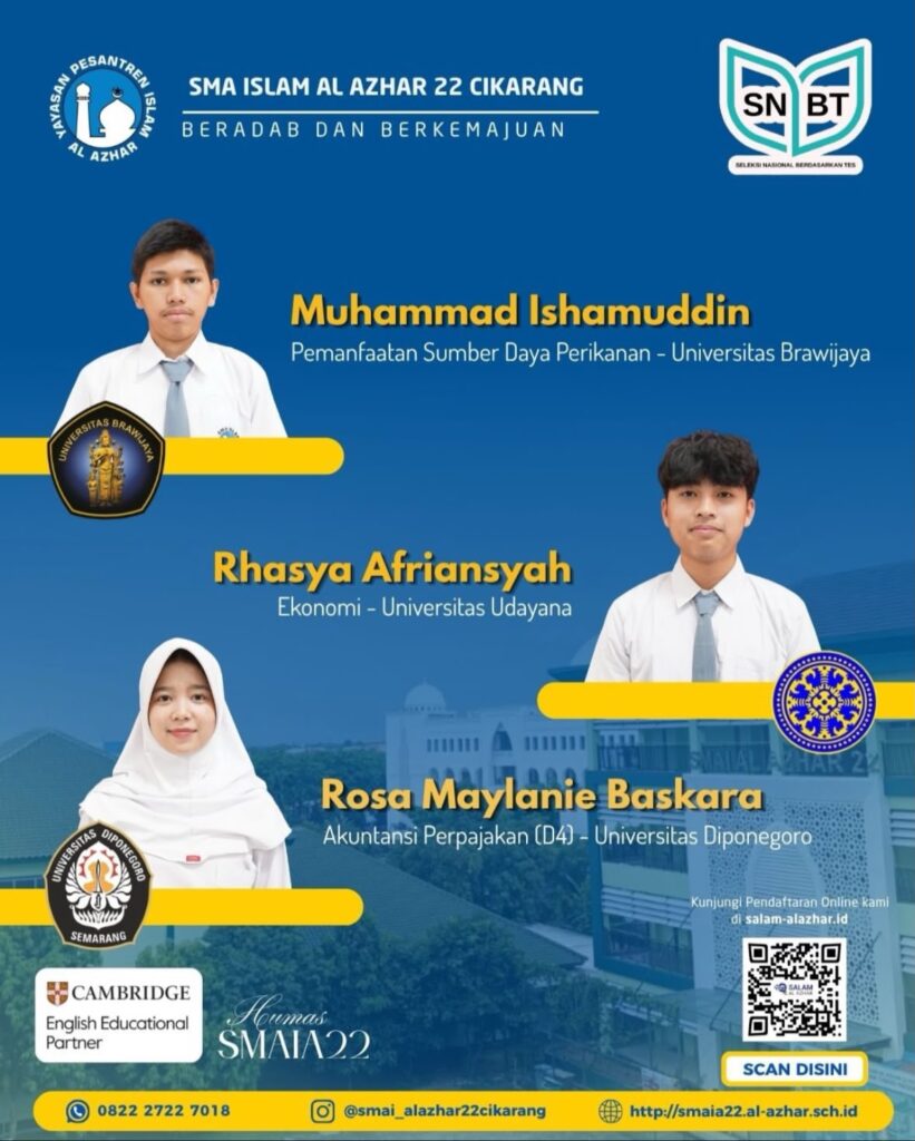 Muhammad Ishamuddin, Rhasya, dan Rosa dari SMA Islam Al Azhar 22 Cikarang yang lulus SNBT 2026 di UB, UNUD, dan UNDIP.