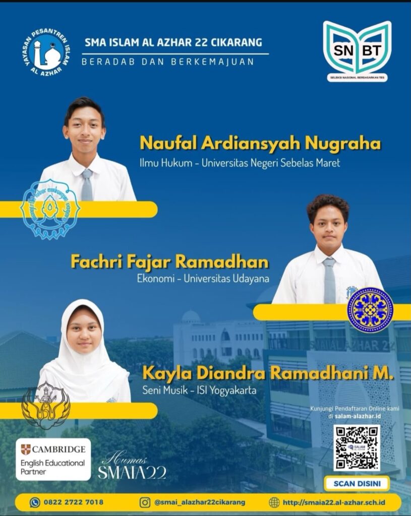 Naufal, Fachri, dan Kayla, murid berprestasi SMA Islam Al Azhar 22 Cikarang yang diterima di UNS, UNUD, dan ISI Yogyakarta.