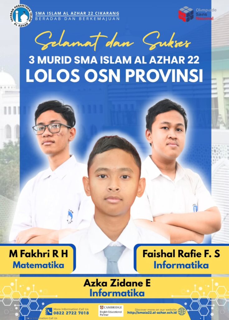 Poster resmi pengumuman 3 murid SMA Islam Al Azhar 22 Cikarang lolos Olimpiade Sains Nasional (OSN) tingkat Provinsi tahun 2026.