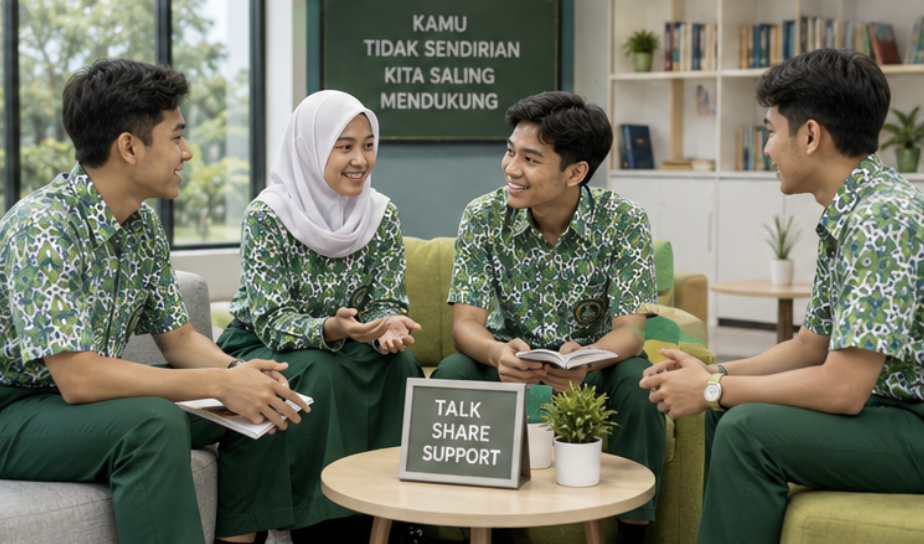Berkomunikasi dan berbagi cerita dengan teman atau orang yang dipercaya dapat membantu murid menghadapi tekanan dan mengelola stres dengan lebih baik.