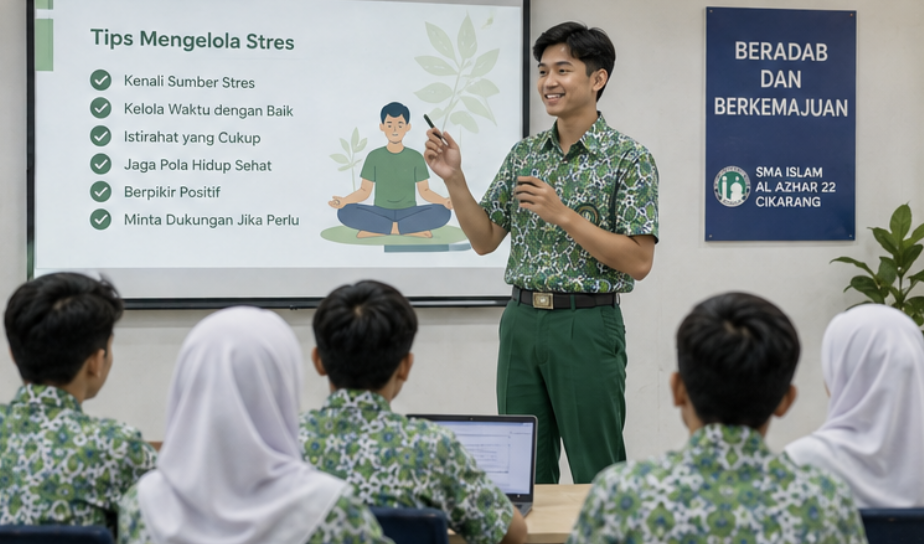 Mengatur waktu, beristirahat cukup, menjaga pola hidup sehat, berpikir positif, dan mencari dukungan menjadi bagian penting dalam manajemen stres murid SMA.