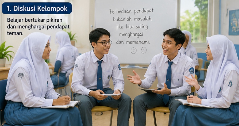 Ilustrasi murid SMA Islam Al Azhar 22 Cikarang berdiskusi dan belajar menghargai pendapat orang lain