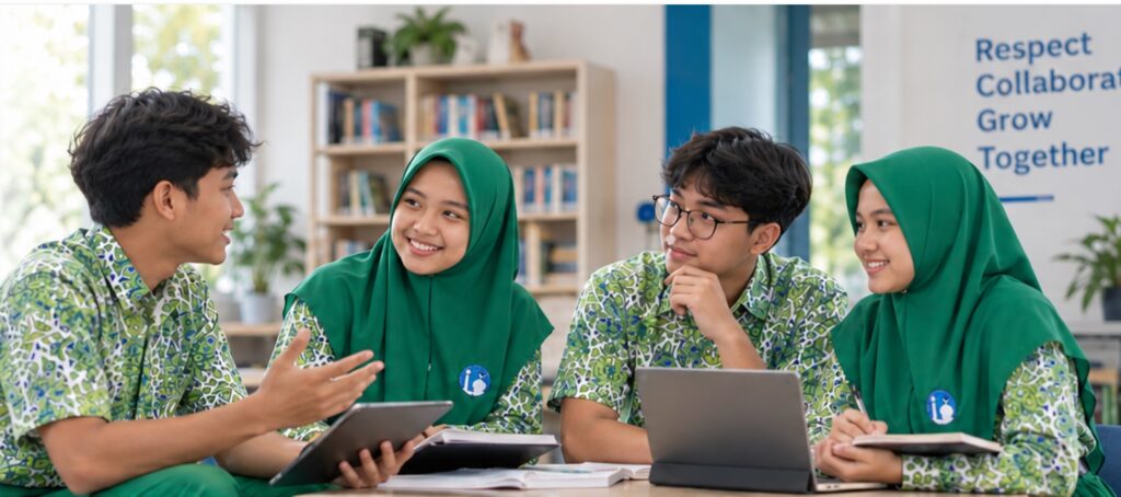 Murid SMA Islam Al Azhar 22 Cikarang membangun budaya saling menghargai melalui interaksi, komunikasi, dan kerja sama di lingkungan sekolah.